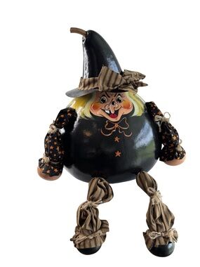 Halloween Witch Gourd figurine Roly Poly 15” Folk Art Handcrafted Dangling Leg